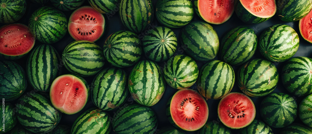 Φωτογραφία view of a bunch of fresh Watermelon fruits with leaf stacked neatly arranged fro