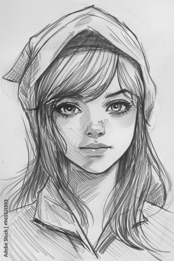 A pencil sketch of a woman with long hair and a hat. She looks sad. A pencil sketch of a woman with long hair and a hat. She looks sad.