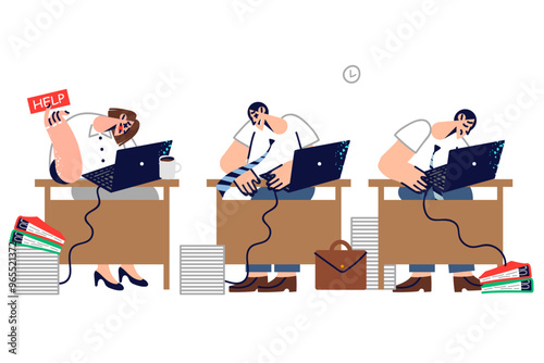 Tired company employees ask for help and fall asleep at workplace due to overabundance of work