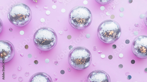 flat lay many silver shiny disco balls and holographic confetti on a pastel purple background banner/design/website