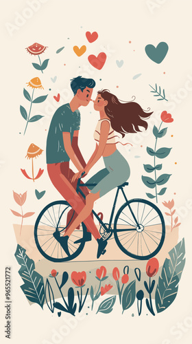 Romantic Couple Enjoying Healthy Lifestyle, Riding Tandem Bicycle in Park on Sunny Day