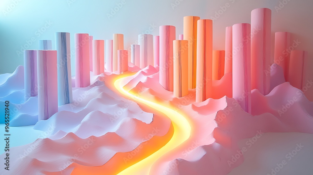 A detailed 3D papercraft timeline, vertical pastel-colored paper columns raised from the surface, each column connected by a curved 3D path, glowing light casting shadows, clean minimalist background, A detailed 3D papercraft timeline, vertical pastel-colored paper columns raised from the surface, each column connected by a curved 3D path, glowing light casting shadows, clean minimalist background,
