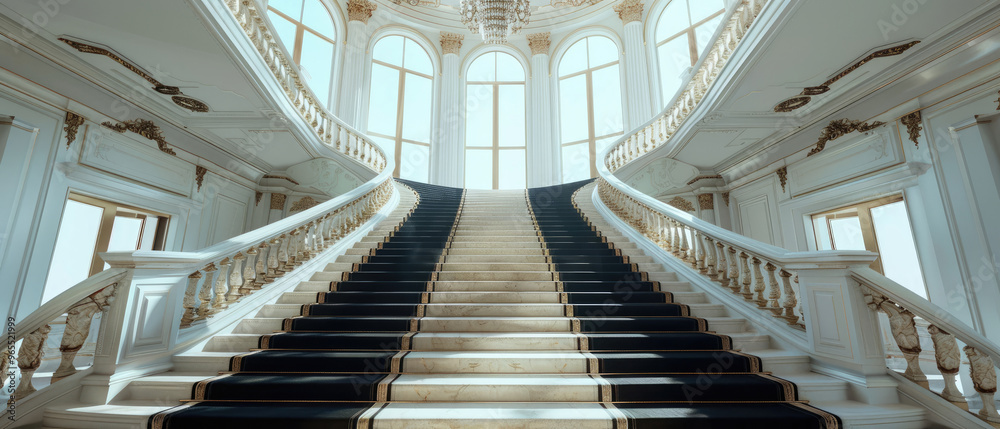 Fototapeta premium Elegance and luxury of French style architectural interior modern black staircase leads to a grand hall decorated with gold carpet and marble steps with the bright sky through large minimalist windows