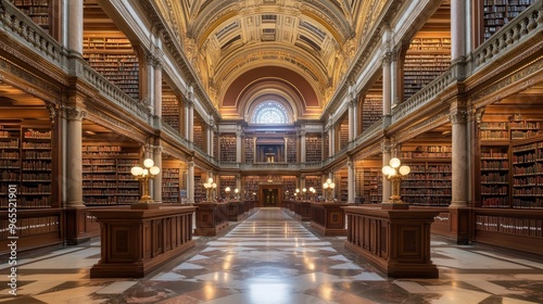 A grand library interior featuring tall bookshelves, ornate architecture, and warm lighting, inviting study and reflection.