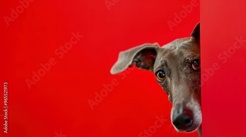 A greyhound peeking behind the red background, stand up ears, photo illustration