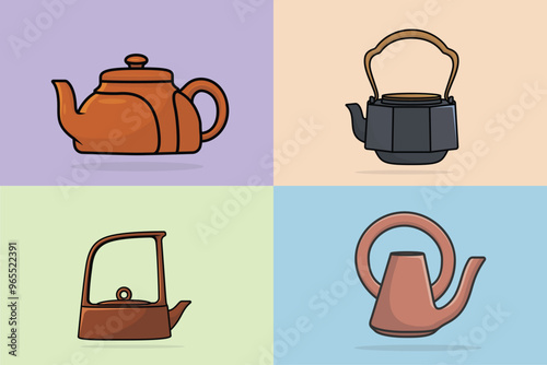 Collection of Tea Kettle vector illustration. Kitchen interior object icon concept. Morning Tea Teapot with closed lid icon design on light orange background.