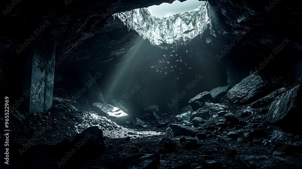 mysterious chamber filled with darkness, where a hole in the ceiling allows rocks to tumble into the room, the dim light from above creating eerie, moving shadows mysterious chamber filled with darkness, where a hole in the ceiling allows rocks to tumble into the room, the dim light from above creating eerie, moving shadows