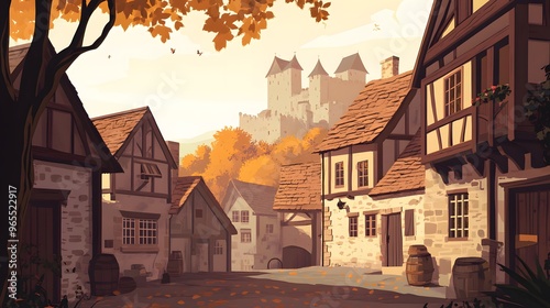 Medieval village, clipart style, stone houses with wooden beams, castle in the background, villagers in traditional attire, soft sunset light, historic and charming mood, flat design, earth tones photo