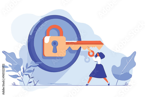 Secure Password Reset Landing Page Design with Hand Holding Large Key and Woman User with Padlock Representing Account Data Protection