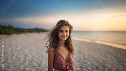A charming brunette with healthy skin and a contagious smile poses against a picturesque beach backdrop. Her natural makeup enhances her features, making her the perfect model for cosmetic