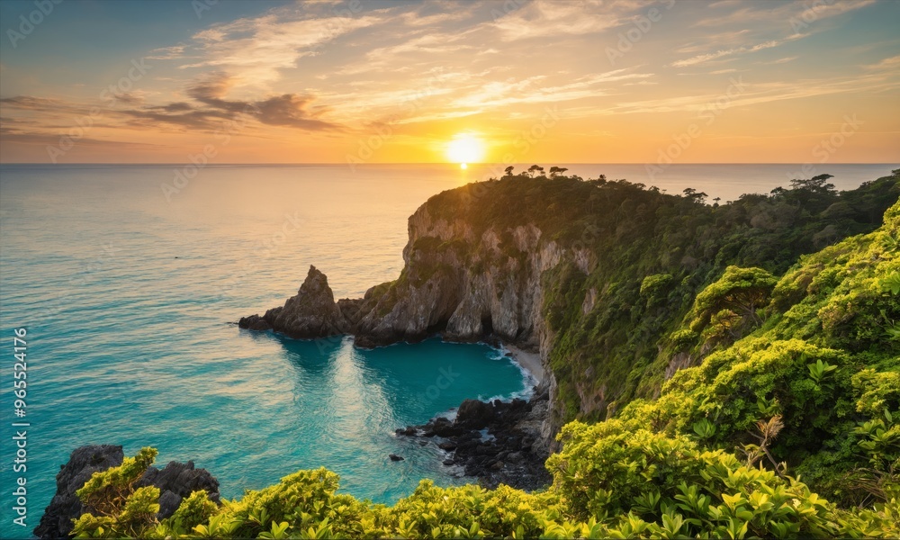 Sunset over a rocky cove, green cliffs and blue water Sunset over a rocky cove, green cliffs and blue water