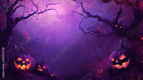 Fototapeta Naklejka Na Ścianę i Meble -  Purple Halloween background with pumpkins and tree. Abstract grunge wallpaper for holiday party