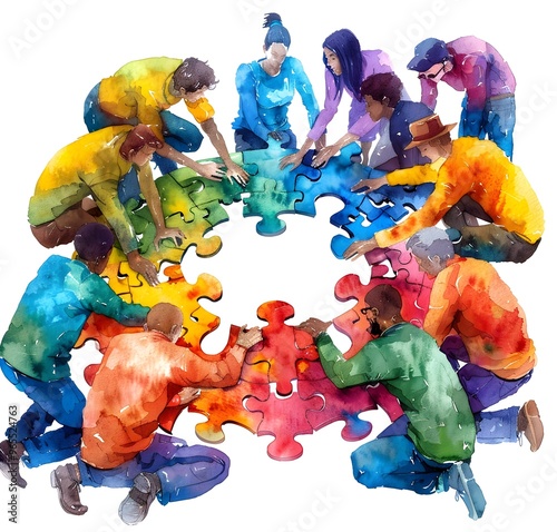 Individuals Assembling Vibrant Puzzle into Majestic Circular Design on Watercolor White Background