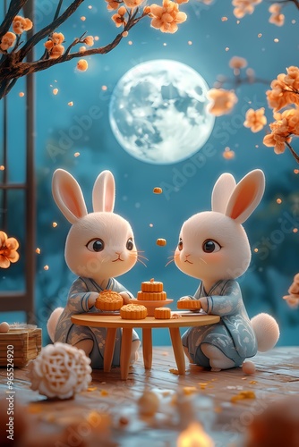 Mid-Autumn Festival illustration, two rabbits sitting under the moon eating mooncakes