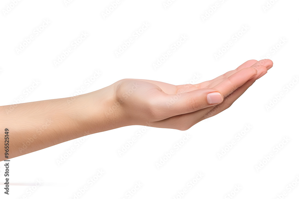 Female hand keeping empty cupped palm isolated on white background Female hand keeping empty cupped palm isolated on white background