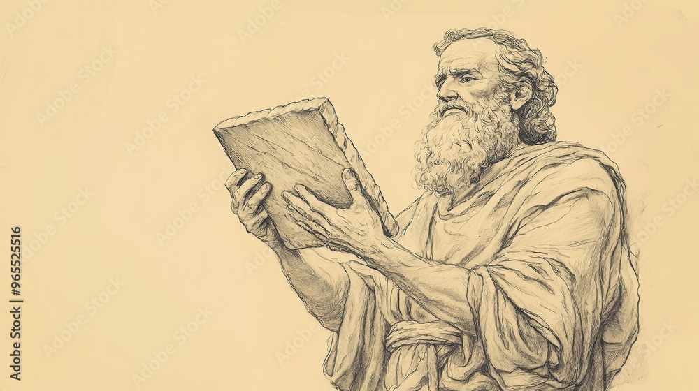 Fototapeta premium Bible Wall Art: Moses Holding Stone Tablets in Deuteronomy - Final Words and Covenant Reminder - Beige Background