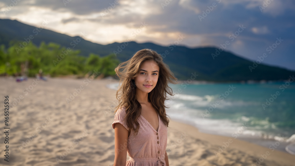 A charming brunette with healthy skin and a contagious smile poses against a picturesque beach backdrop. Her natural makeup enhances her features, making her the perfect model for cosmetic A charming brunette with healthy skin and a contagious smile poses against a picturesque beach backdrop. Her natural makeup enhances her features, making her the perfect model for cosmetic