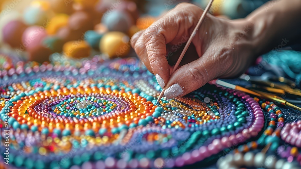 A hand gluing small beads into a fabric mandala design, with thread spools, needles, and glue arranged neatly on a tidy crafting table. A hand gluing small beads into a fabric mandala design, with thread spools, needles, and glue arranged neatly on a tidy crafting table.
