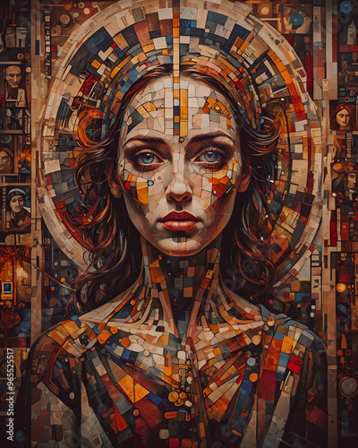 Portrait of woman with abstract colorful mosaic on the wall.