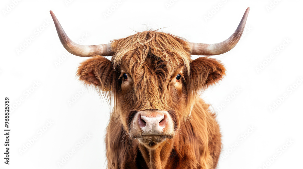 Brown highland cow cattle front view and looking forward isolated on white background Brown highland cow cattle front view and looking forward isolated on white background