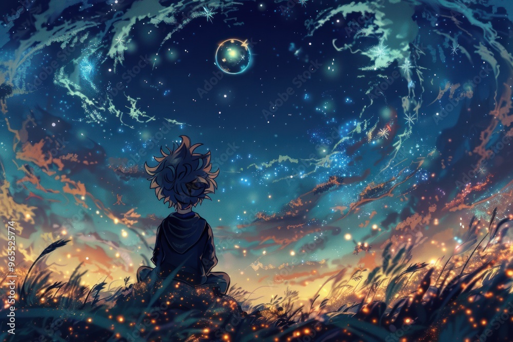 A boy sitting in a field at night looking at a celestial spectacle that includes a large glowing ball and many stars. A boy sitting in a field at night looking at a celestial spectacle that includes a large glowing ball and many stars.