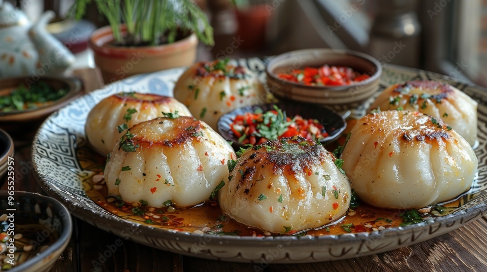 Beautifully plated dish of Khinkali on a traditional Georgian table.