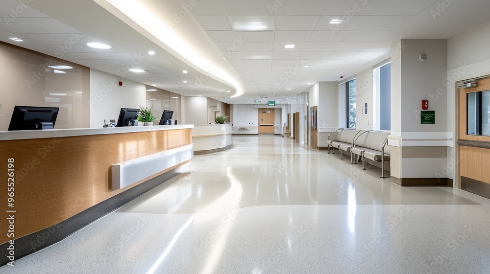 A modern hospital corridor featuring a reception area and seating for visitors. A modern hospital corridor featuring a reception area and seating for visitors.