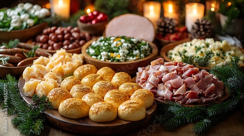 A traditional Swedish Julbord, with herring, sausages, ham, and saffron buns beautifully arranged, festive candles in the background, warm holiday lighting, photo