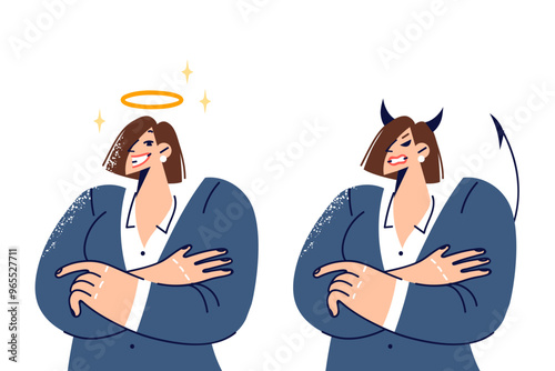 Emotional imbalance in business woman experiencing joy and anger towards surrounding world