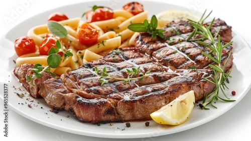 Grilled steak with pasta and fresh tomatoes on a white plate, garnished with herbs and a wedge of lemon for a sophisticated meal.