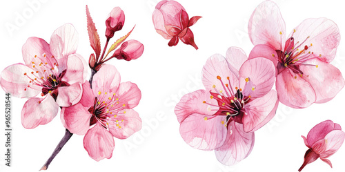 Set of Hand drawn watercolor illustration Red Apple Flowers. Vector, Isolated on white background. Element for design of invitations, movie posters, fabrics and other objects.