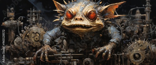 A steampunk-themed goblin engineer surrounded by complex machinery, gears, and pipes. The goblin's large, glowing eyes and mischievous grin give the image a blend of fantasy and industrial vibes