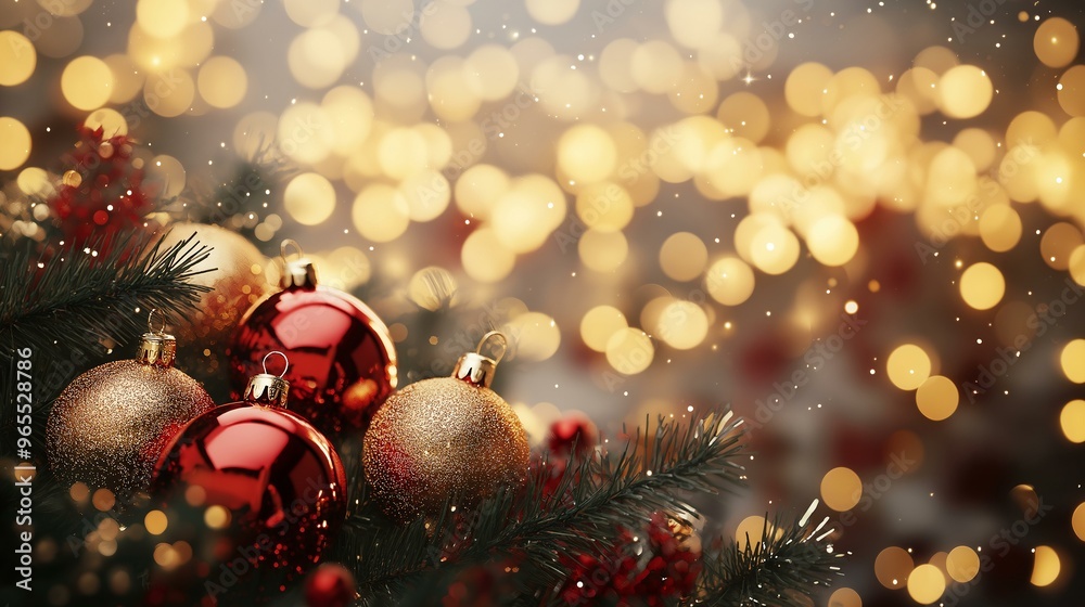 Festive Christmas Ornaments with Gold Lights Bokeh in a Cozy Holiday Setting Festive Christmas Ornaments with Gold Lights Bokeh in a Cozy Holiday Setting