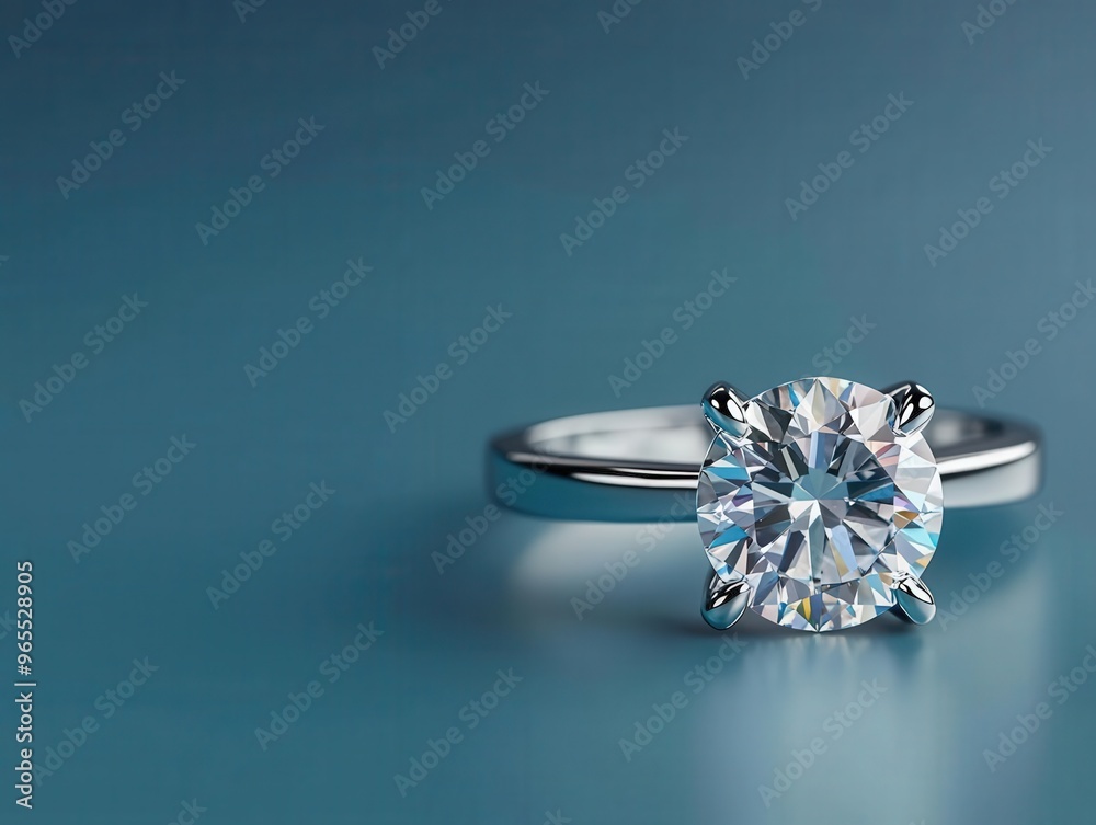 Elegant diamond ring sparkling on a soft blue background showcasing its brilliance and allure Elegant diamond ring sparkling on a soft blue background showcasing its brilliance and allure