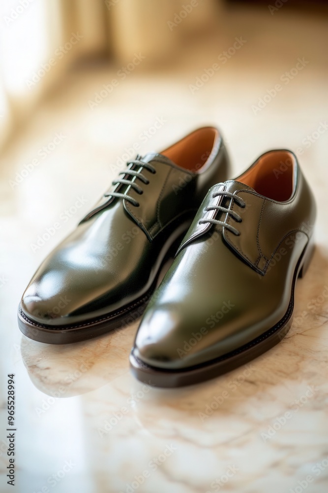 Shiny green dress shoes on a polished surface, showcasing their craftsmanship and style Shiny green dress shoes on a polished surface, showcasing their craftsmanship and style
