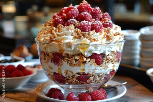 Scotland: Cranachan A dessert made with whipped cream, Scottish oats, raspberries, honey, and a splash of whisky, layered in a glass. photo