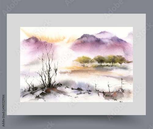 Picturesque landscape with dried tree with fallen leaves near river, and green forest. Morning sunrise on landscape with high mountains and plant that died due to environmental problems