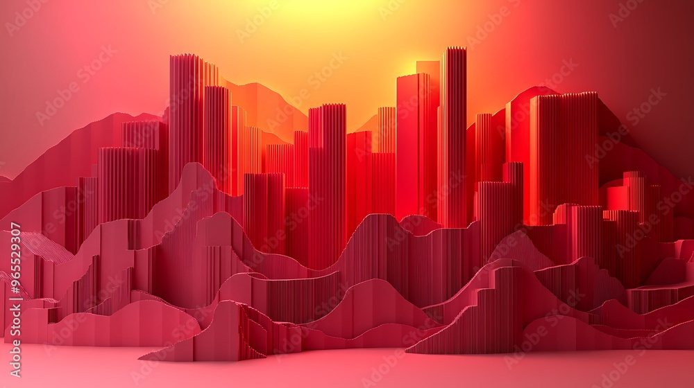 A sleek 3D papercraft histogram, vertical paper bars with staggered heights, layered in subtle shades of red, glowing soft light creating depth, realistic shadows, minimalist background, A sleek 3D papercraft histogram, vertical paper bars with staggered heights, layered in subtle shades of red, glowing soft light creating depth, realistic shadows, minimalist background,