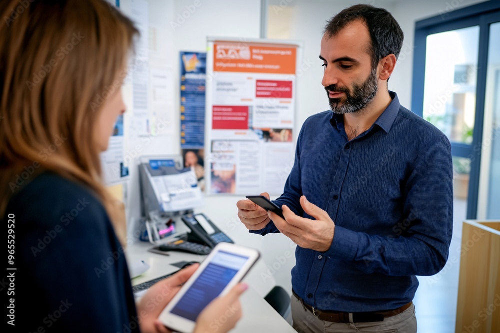 Fototapeta premium A professional man interacts with a woman at a service desk, using smartphones for communication and information exchange.