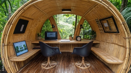 A wooden hut with a desk, two chairs, and two laptops, with a window overlooking a lush green jungle.