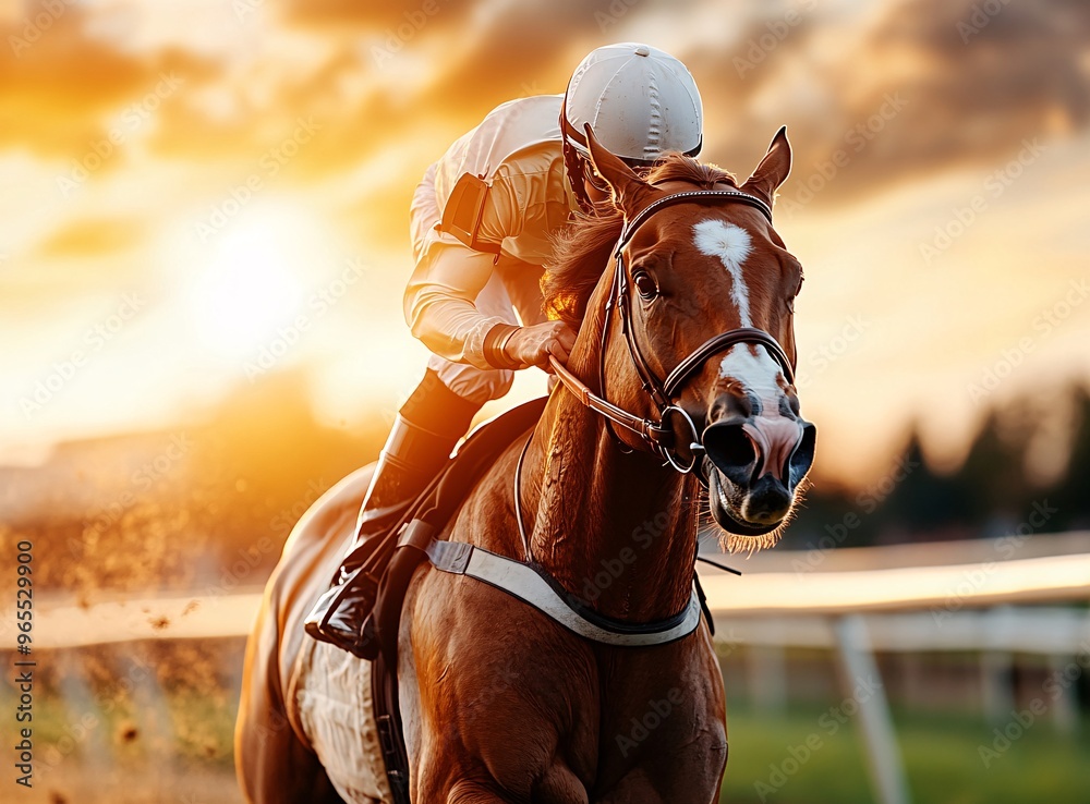Obraz premium Dynamic racehorse captured in motion at sunset, showcasing speed, strength, and the thrill of equestrian sports.