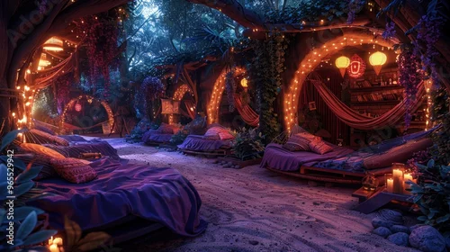 Obraz Beautifully decorated chill-out area at a psy trance festival, with hammocks and psychedelic art
