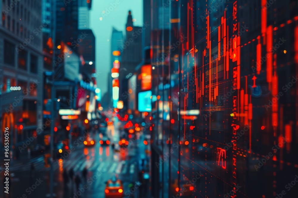 Stock market screen displaying candlestick chart and trading symbols with a blurry financial building background. Stock market screen displaying candlestick chart and trading symbols with a blurry financial building background.
