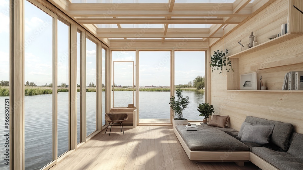 Modern, wooden interior design with large windows overlooking a calm lake. Modern, wooden interior design with large windows overlooking a calm lake.