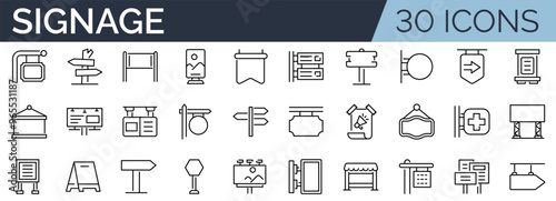 Set of 30 outline icons related to signage. Linear icon collection. Editable stroke. Vector illustration
