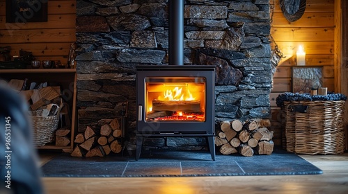 Rustic wood-burning stove in cozy cabin interior with stacked firewood and warm atmosphere