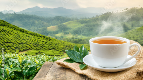 Cup of hot tea with sacking on the wooden table and the tea plantations background