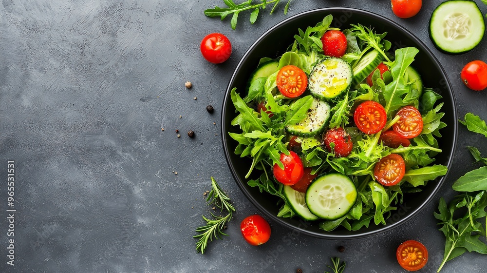 Fresh Greens and Garden Delights: A vibrant salad of arugula, cherry tomatoes, and cucumber, beautifully arranged in a black bowl on a textured gray background. Fresh Greens and Garden Delights: A vibrant salad of arugula, cherry tomatoes, and cucumber, beautifully arranged in a black bowl on a textured gray background.