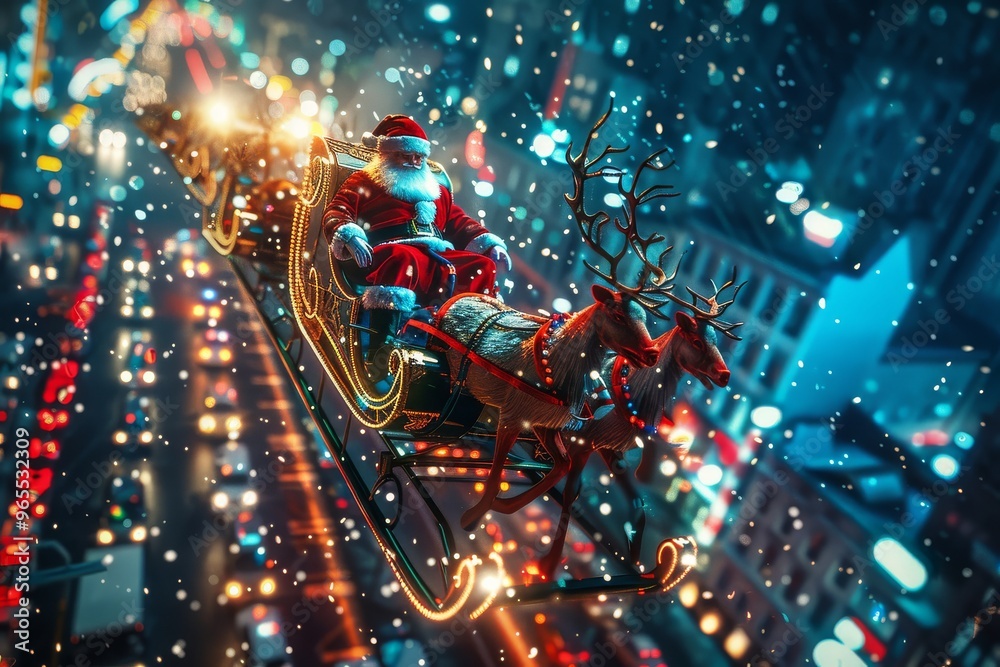 Santa Claus flying in his sleigh with reindeer over a city at night, full view of city lights, vibrant colors, and cinematic lighting. Santa Claus flying in his sleigh with reindeer over a city at night, full view of city lights, vibrant colors, and cinematic lighting.