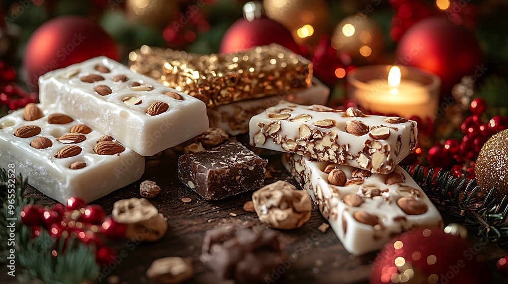 Close-up of Spanish turrón varieties, showcasing soft nougat with almonds and crunchy turrón bars, beautifully arranged on a holiday table with red and gold Christmas decorations,
